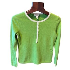 Talbots Lime Green Crewneck Henley Cardigan with Cream Trim